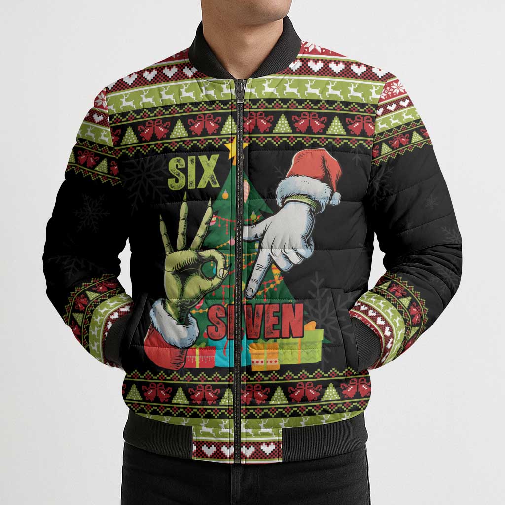 Six Seven Christmas Bomber Puffer Jacket Funny Santa and Green Hands - Wonder Print Shop