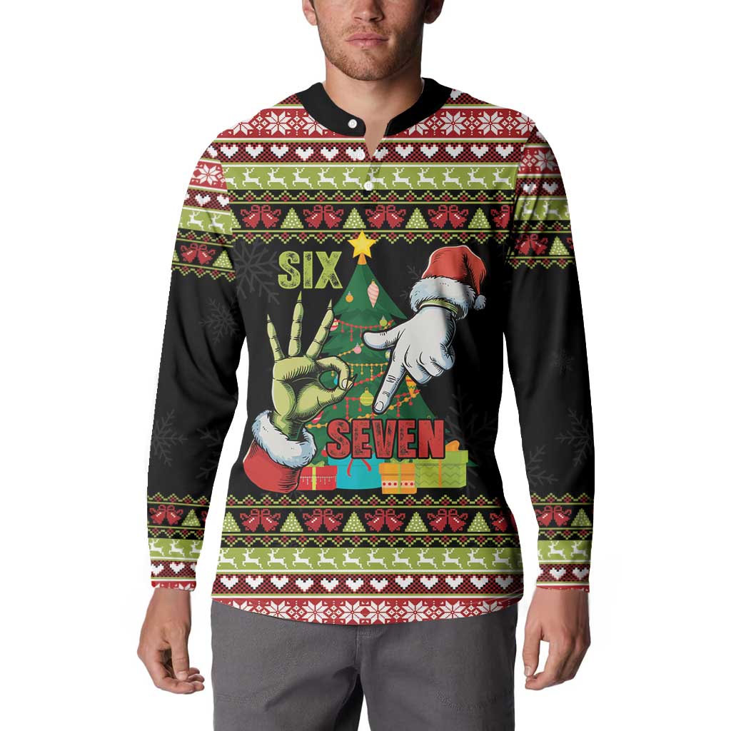 Six Seven Christmas Button Sweatshirt Funny Santa and Green Hands - Wonder Print Shop