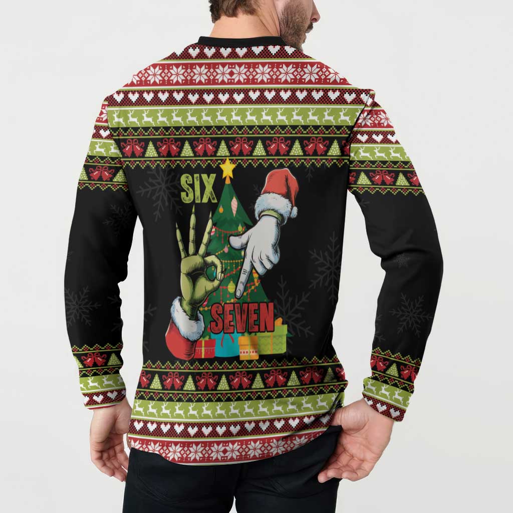 Six Seven Christmas Button Sweatshirt Funny Santa and Green Hands - Wonder Print Shop