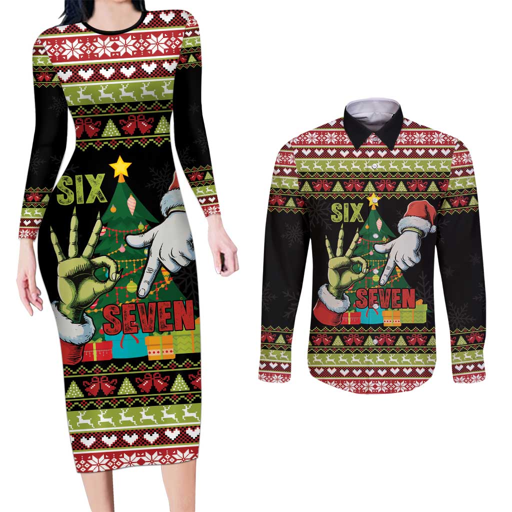 Six Seven Christmas Couples Matching Long Sleeve Bodycon Dress and Long Sleeve Button Shirt Funny Santa and Green Hands - Wonder Print Shop