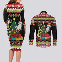 Six Seven Christmas Couples Matching Long Sleeve Bodycon Dress and Long Sleeve Button Shirt Funny Santa and Green Hands - Wonder Print Shop