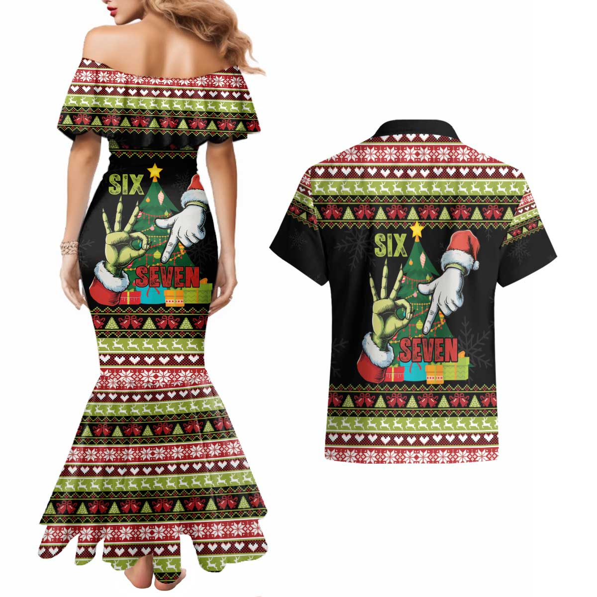 Six Seven Christmas Couples Matching Mermaid Dress and Hawaiian Shirt Funny Santa and Green Hands - Wonder Print Shop