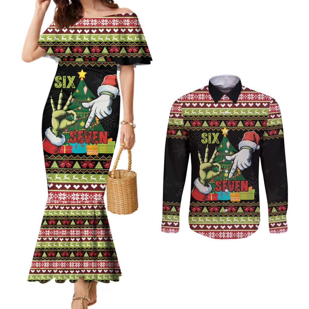 Six Seven Christmas Couples Matching Mermaid Dress and Long Sleeve Button Shirt Funny Santa and Green Hands - Wonder Print Shop