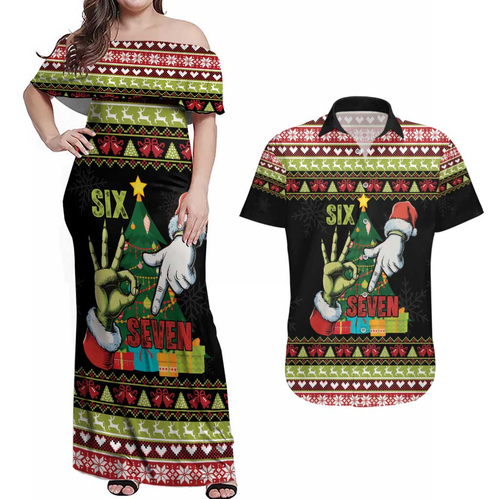 Six Seven Christmas Couples Matching Off Shoulder Maxi Dress and Hawaiian Shirt Funny Santa and Green Hands - Wonder Print Shop