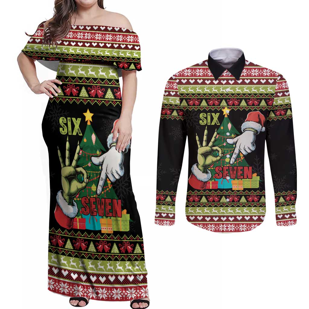 Six Seven Christmas Couples Matching Off Shoulder Maxi Dress and Long Sleeve Button Shirt Funny Santa and Green Hands - Wonder Print Shop