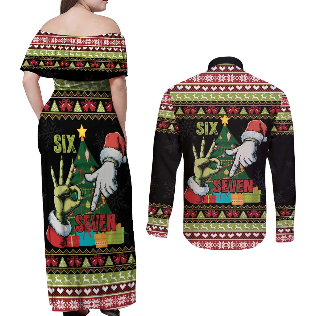 Six Seven Christmas Couples Matching Off Shoulder Maxi Dress and Long Sleeve Button Shirt Funny Santa and Green Hands - Wonder Print Shop