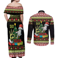 Six Seven Christmas Couples Matching Off Shoulder Maxi Dress and Long Sleeve Button Shirt Funny Santa and Green Hands - Wonder Print Shop