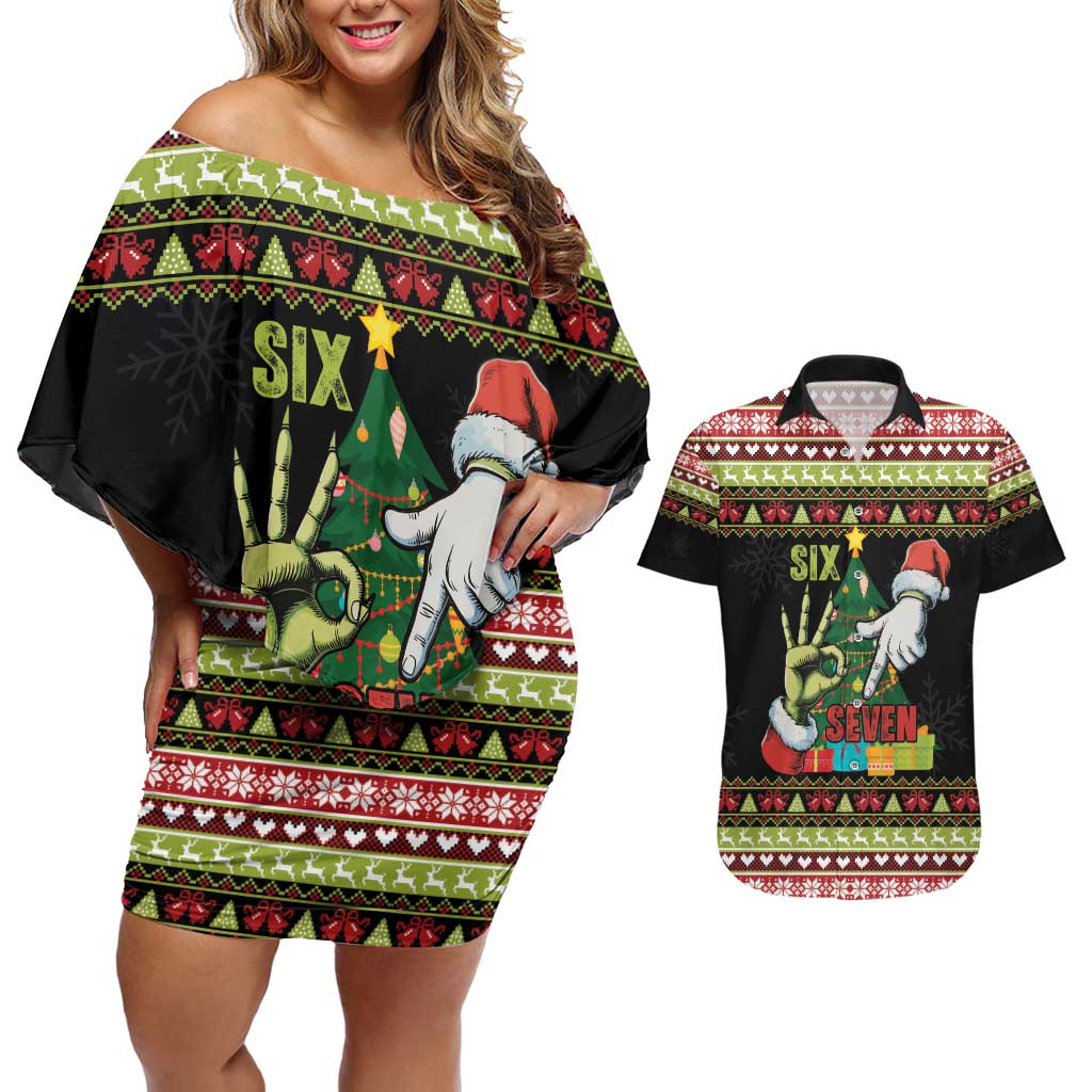 Six Seven Christmas Couples Matching Off Shoulder Short Dress and Hawaiian Shirt Funny Santa and Green Hands - Wonder Print Shop