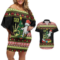 Six Seven Christmas Couples Matching Off Shoulder Short Dress and Hawaiian Shirt Funny Santa and Green Hands - Wonder Print Shop
