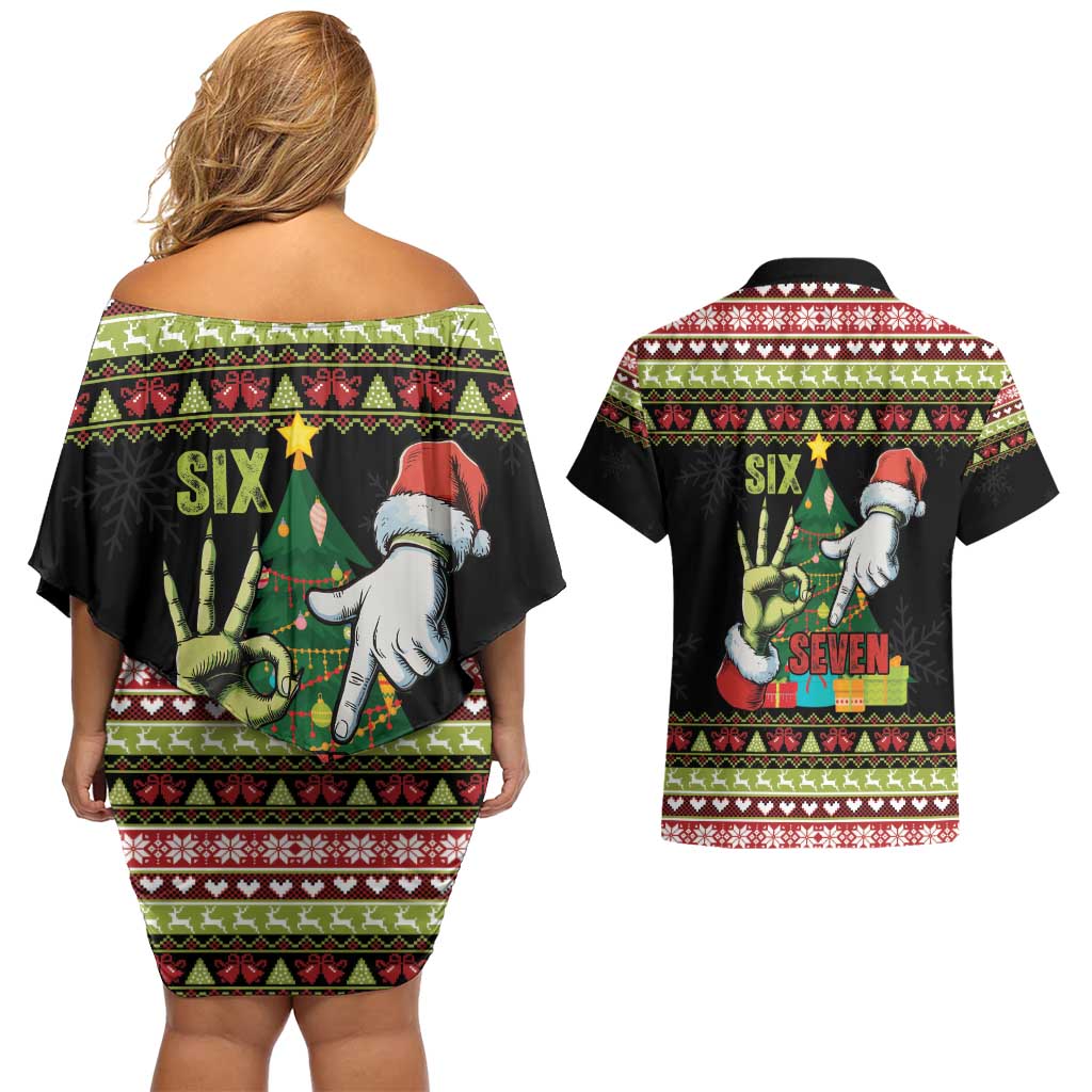 Six Seven Christmas Couples Matching Off Shoulder Short Dress and Hawaiian Shirt Funny Santa and Green Hands - Wonder Print Shop
