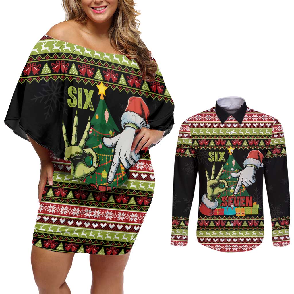 Six Seven Christmas Couples Matching Off Shoulder Short Dress and Long Sleeve Button Shirt Funny Santa and Green Hands - Wonder Print Shop