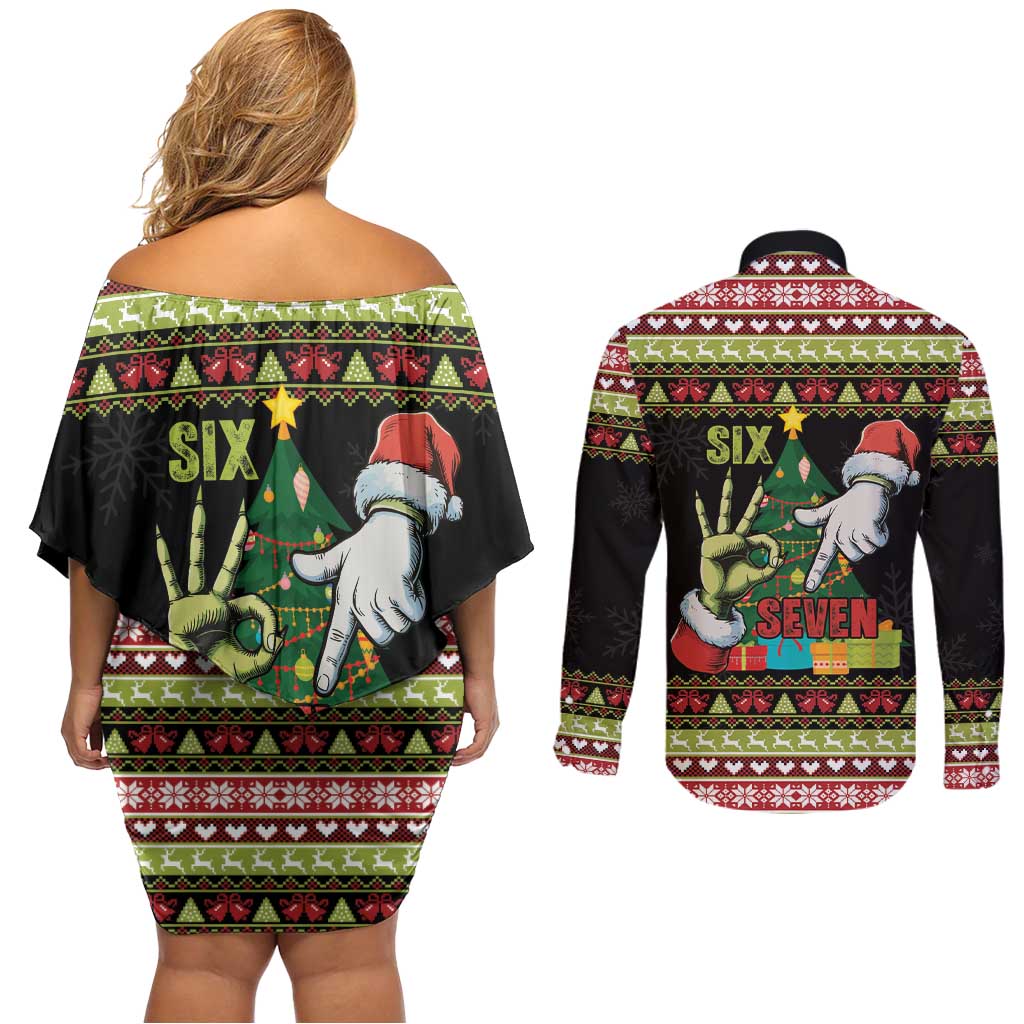 Six Seven Christmas Couples Matching Off Shoulder Short Dress and Long Sleeve Button Shirt Funny Santa and Green Hands - Wonder Print Shop
