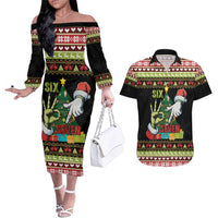 Six Seven Christmas Couples Matching Off The Shoulder Long Sleeve Dress and Hawaiian Shirt Funny Santa and Green Hands - Wonder Print Shop