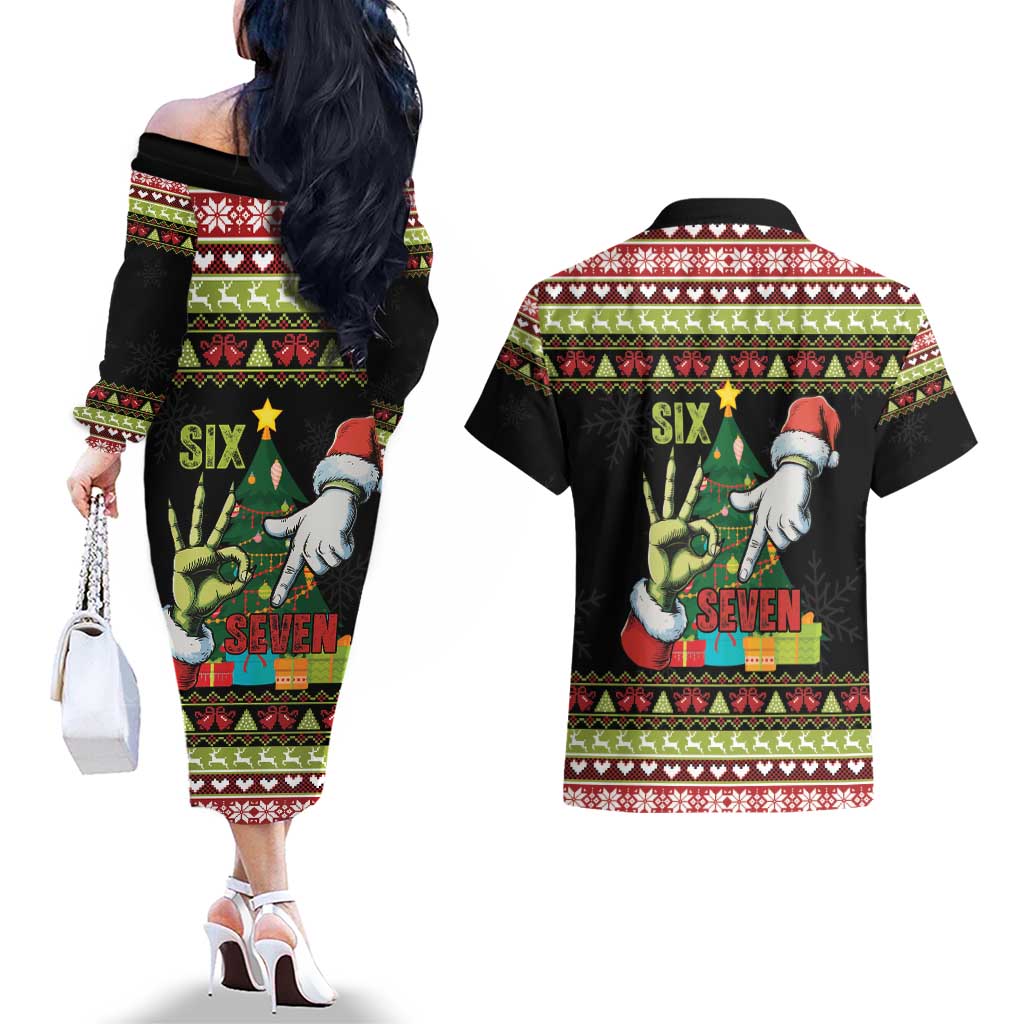 Six Seven Christmas Couples Matching Off The Shoulder Long Sleeve Dress and Hawaiian Shirt Funny Santa and Green Hands - Wonder Print Shop