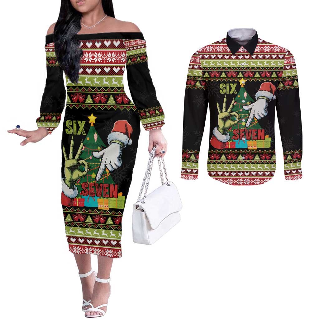 Six Seven Christmas Couples Matching Off The Shoulder Long Sleeve Dress and Long Sleeve Button Shirt Funny Santa and Green Hands - Wonder Print Shop