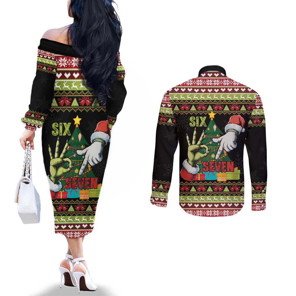 Six Seven Christmas Couples Matching Off The Shoulder Long Sleeve Dress and Long Sleeve Button Shirt Funny Santa and Green Hands - Wonder Print Shop