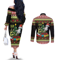 Six Seven Christmas Couples Matching Off The Shoulder Long Sleeve Dress and Long Sleeve Button Shirt Funny Santa and Green Hands - Wonder Print Shop