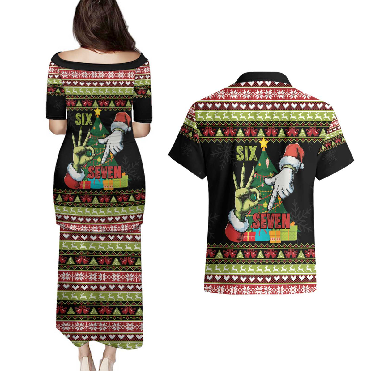 Six Seven Christmas Couples Matching Puletasi and Hawaiian Shirt Funny Santa and Green Hands - Wonder Print Shop