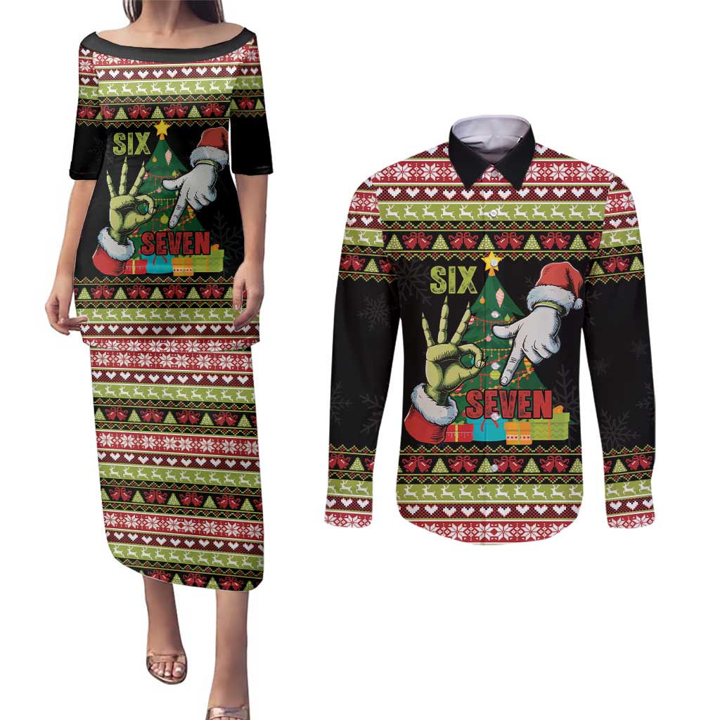 Six Seven Christmas Couples Matching Puletasi and Long Sleeve Button Shirt Funny Santa and Green Hands - Wonder Print Shop
