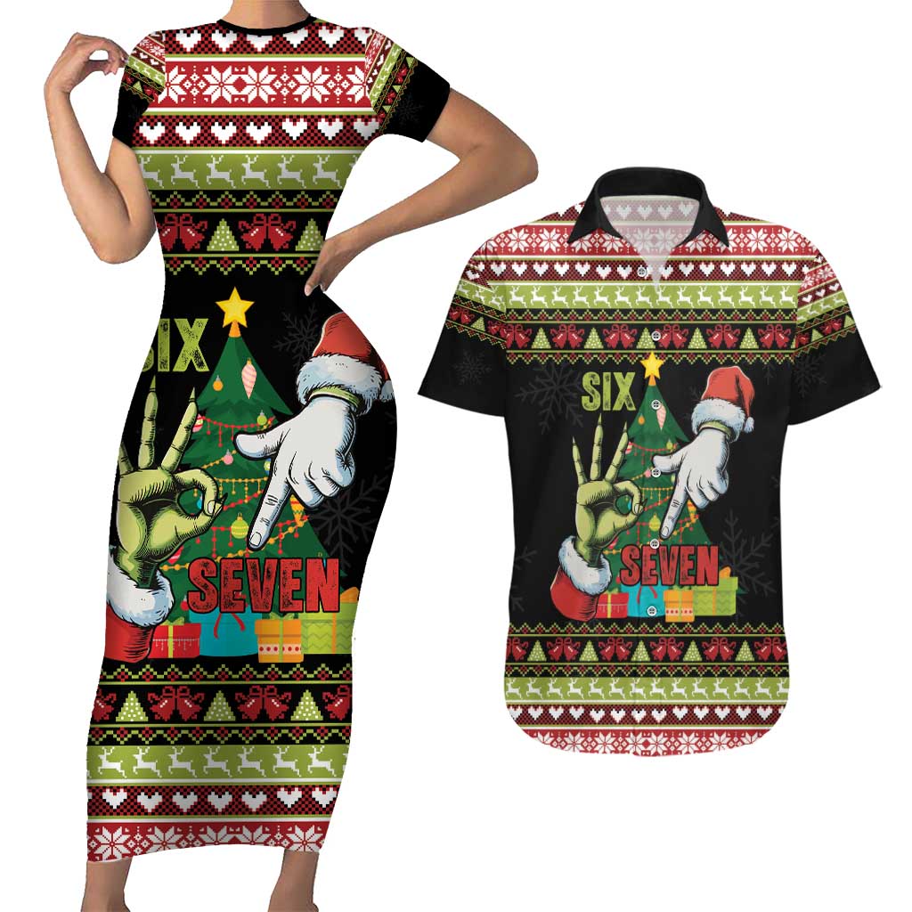 Six Seven Christmas Couples Matching Short Sleeve Bodycon Dress and Hawaiian Shirt Funny Santa and Green Hands - Wonder Print Shop