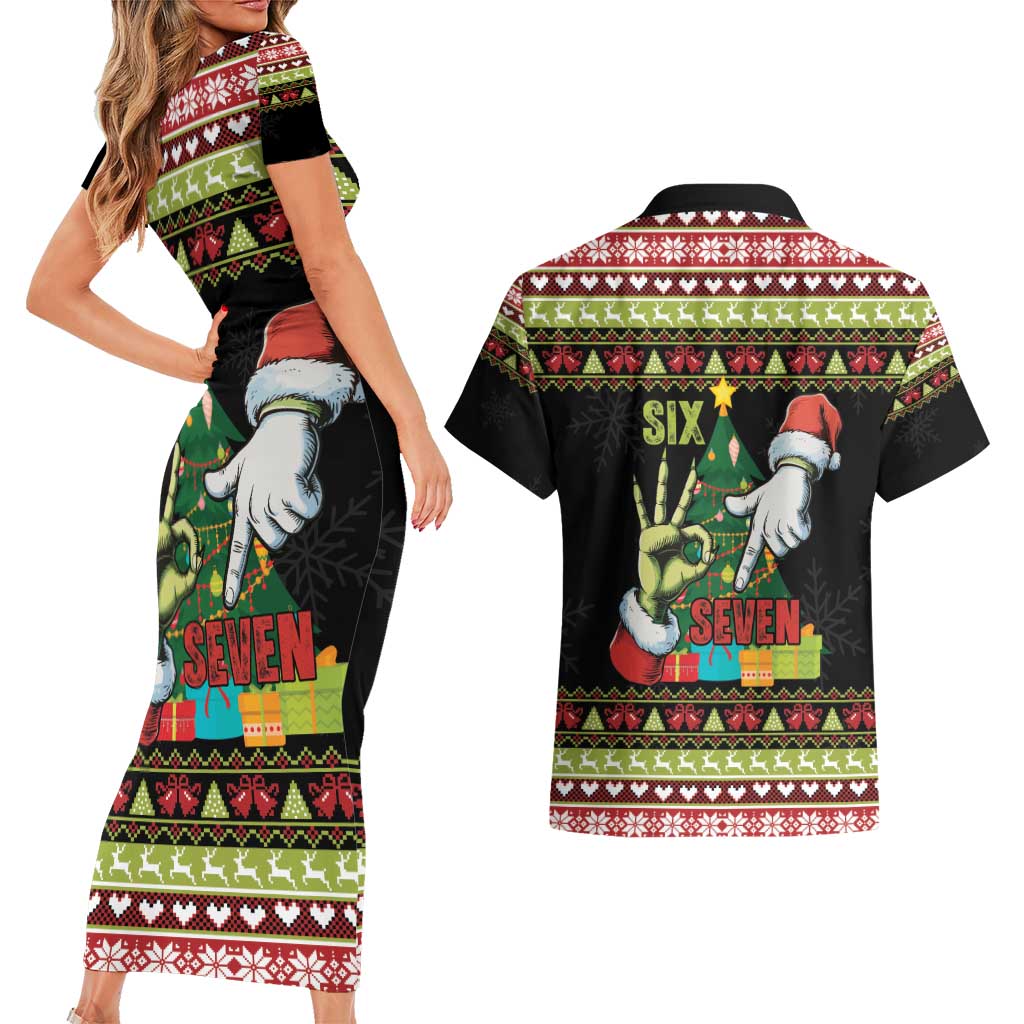 Six Seven Christmas Couples Matching Short Sleeve Bodycon Dress and Hawaiian Shirt Funny Santa and Green Hands - Wonder Print Shop