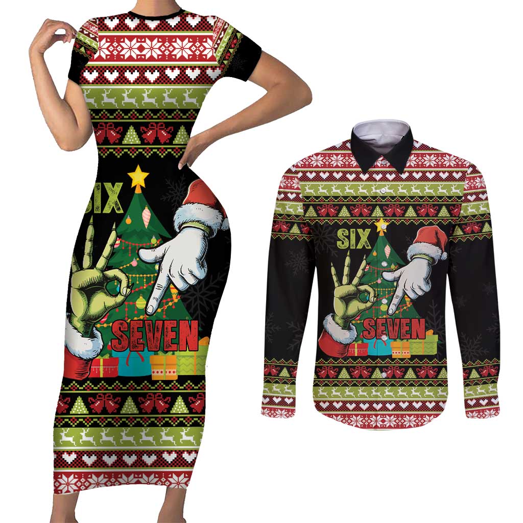 Six Seven Christmas Couples Matching Short Sleeve Bodycon Dress and Long Sleeve Button Shirt Funny Santa and Green Hands - Wonder Print Shop