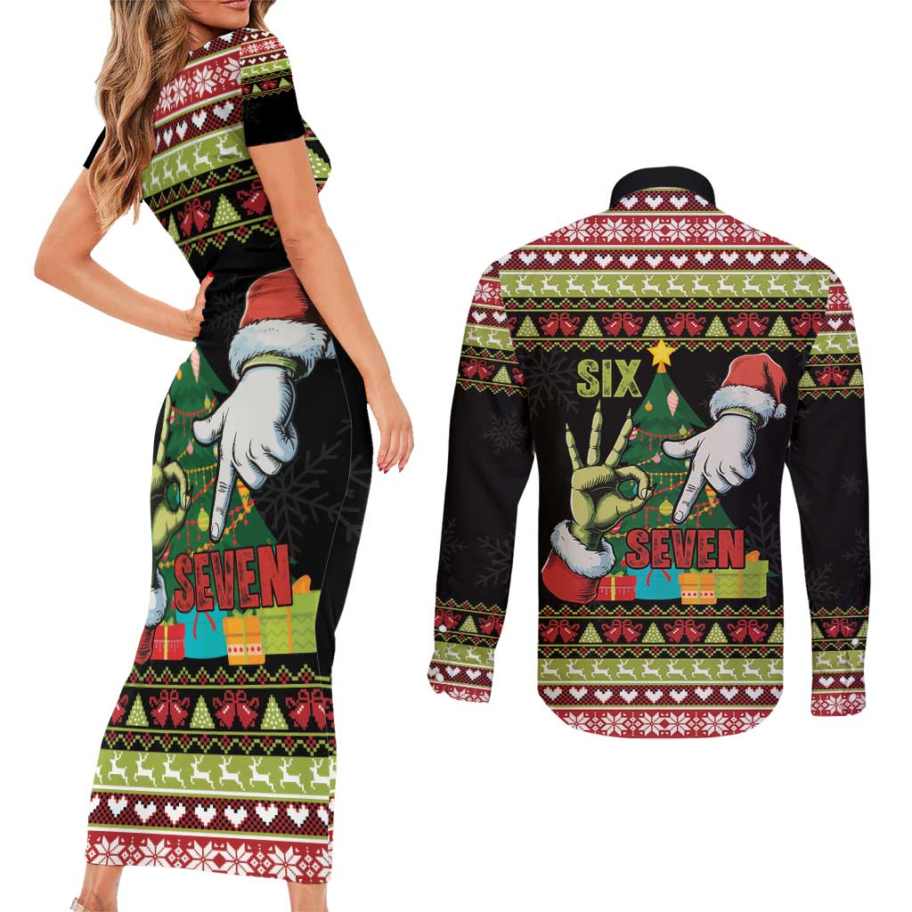 Six Seven Christmas Couples Matching Short Sleeve Bodycon Dress and Long Sleeve Button Shirt Funny Santa and Green Hands - Wonder Print Shop