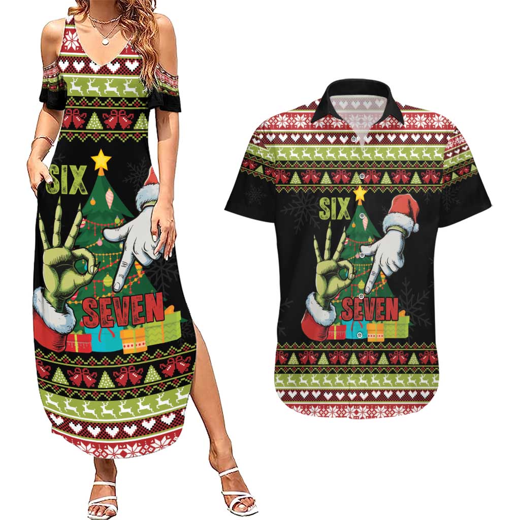 Six Seven Christmas Couples Matching Summer Maxi Dress and Hawaiian Shirt Funny Santa and Green Hands - Wonder Print Shop