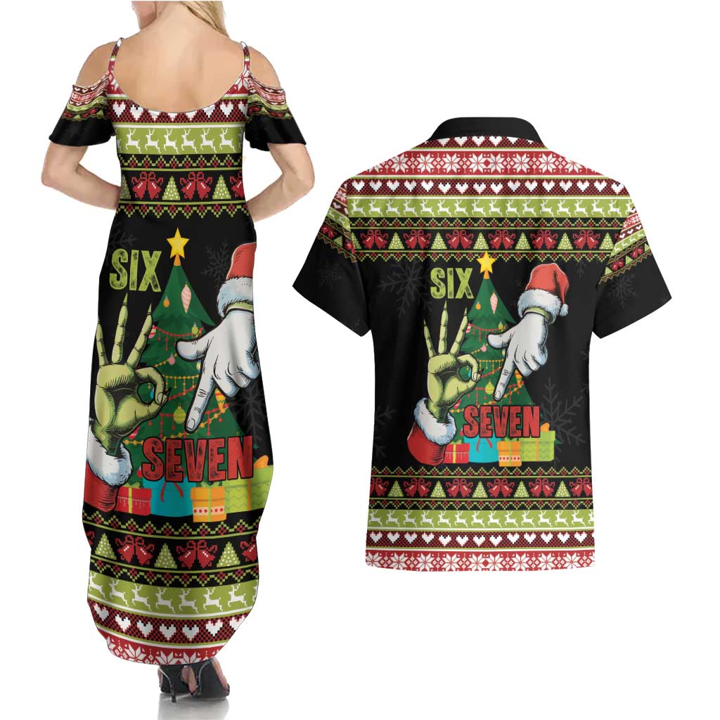 Six Seven Christmas Couples Matching Summer Maxi Dress and Hawaiian Shirt Funny Santa and Green Hands - Wonder Print Shop
