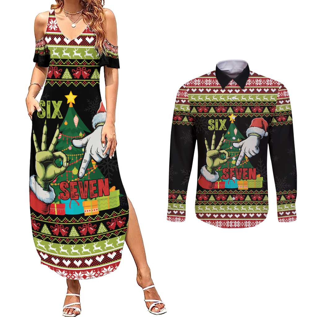 Six Seven Christmas Couples Matching Summer Maxi Dress and Long Sleeve Button Shirt Funny Santa and Green Hands - Wonder Print Shop