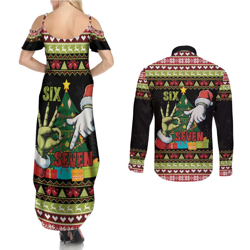 Six Seven Christmas Couples Matching Summer Maxi Dress and Long Sleeve Button Shirt Funny Santa and Green Hands - Wonder Print Shop