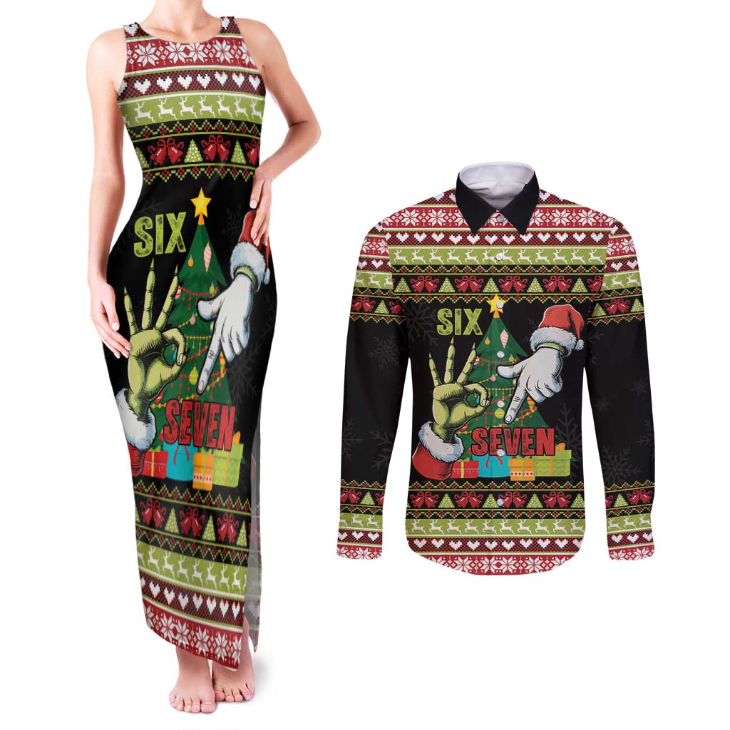 Six Seven Christmas Couples Matching Tank Maxi Dress and Long Sleeve Button Shirt Funny Santa and Green Hands - Wonder Print Shop