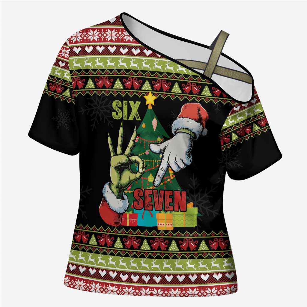 Six Seven Christmas Cross Shoulder Shirt Funny Santa and Green Hands - Wonder Print Shop