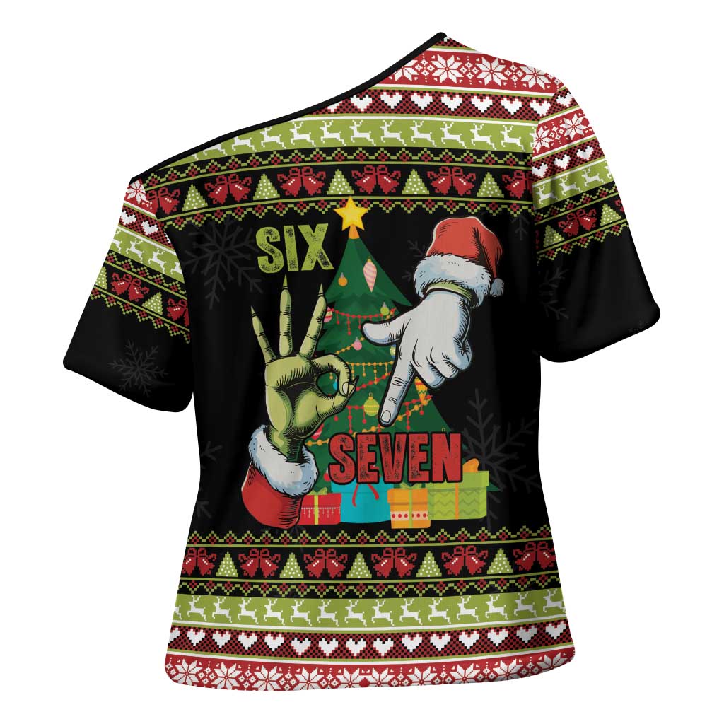 Six Seven Christmas Cross Shoulder Shirt Funny Santa and Green Hands - Wonder Print Shop