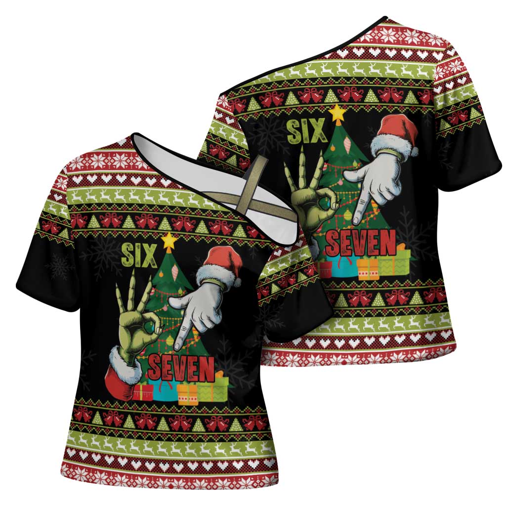 Six Seven Christmas Cross Shoulder Shirt Funny Santa and Green Hands - Wonder Print Shop