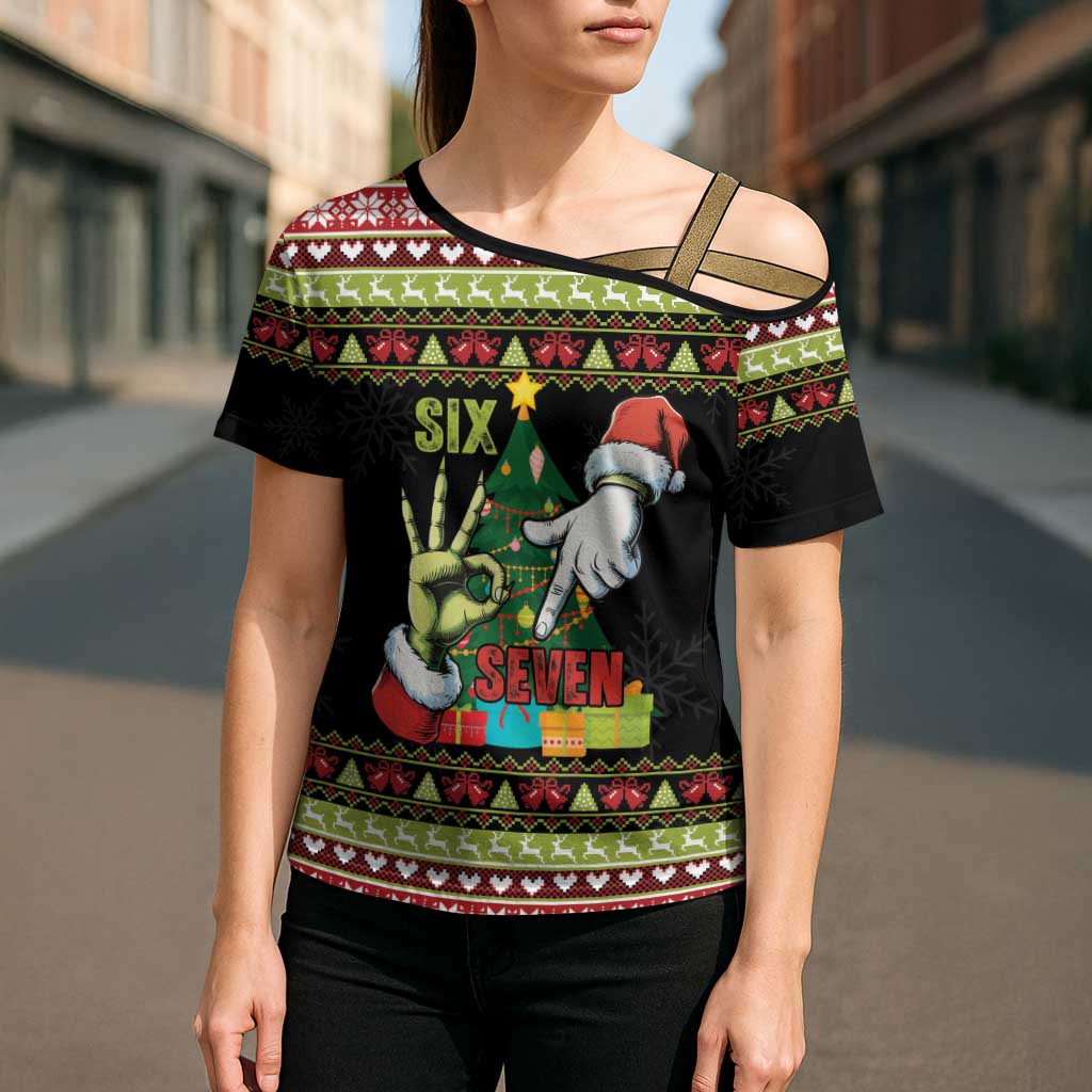 Six Seven Christmas Cross Shoulder Shirt Funny Santa and Green Hands - Wonder Print Shop