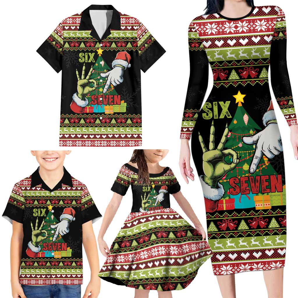 Six Seven Christmas Family Matching Long Sleeve Bodycon Dress and Hawaiian Shirt Funny Santa and Green Hands - Wonder Print Shop