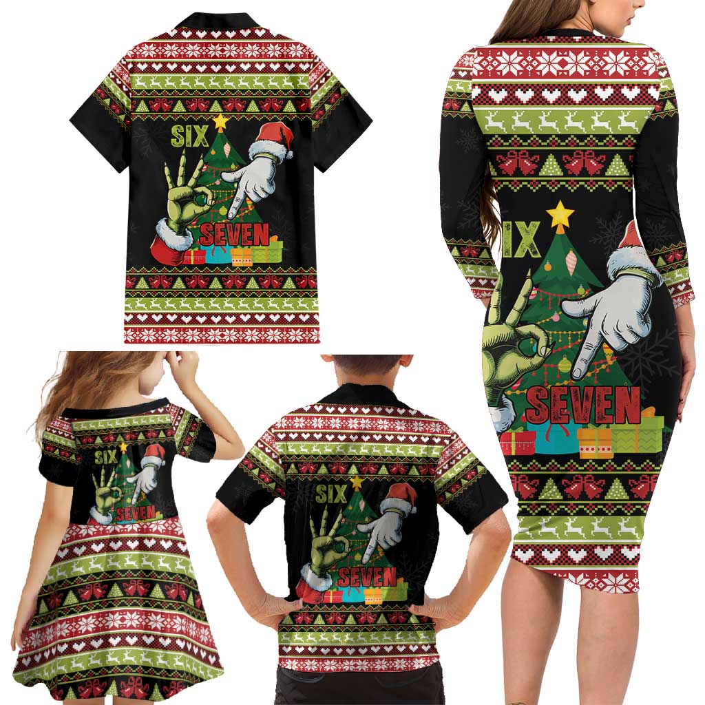Six Seven Christmas Family Matching Long Sleeve Bodycon Dress and Hawaiian Shirt Funny Santa and Green Hands - Wonder Print Shop