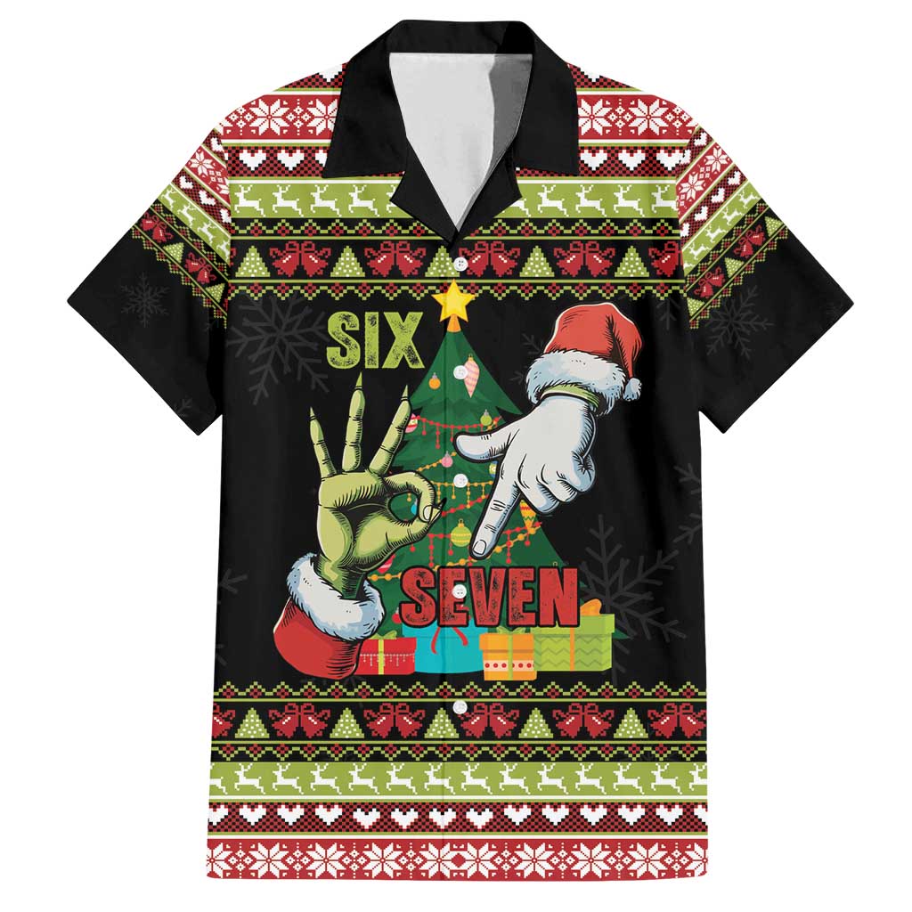 Six Seven Christmas Family Matching Long Sleeve Bodycon Dress and Hawaiian Shirt Funny Santa and Green Hands - Wonder Print Shop