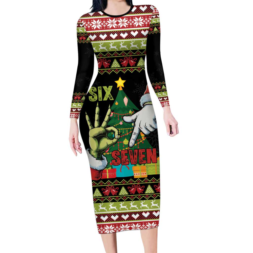 Six Seven Christmas Family Matching Long Sleeve Bodycon Dress and Hawaiian Shirt Funny Santa and Green Hands - Wonder Print Shop
