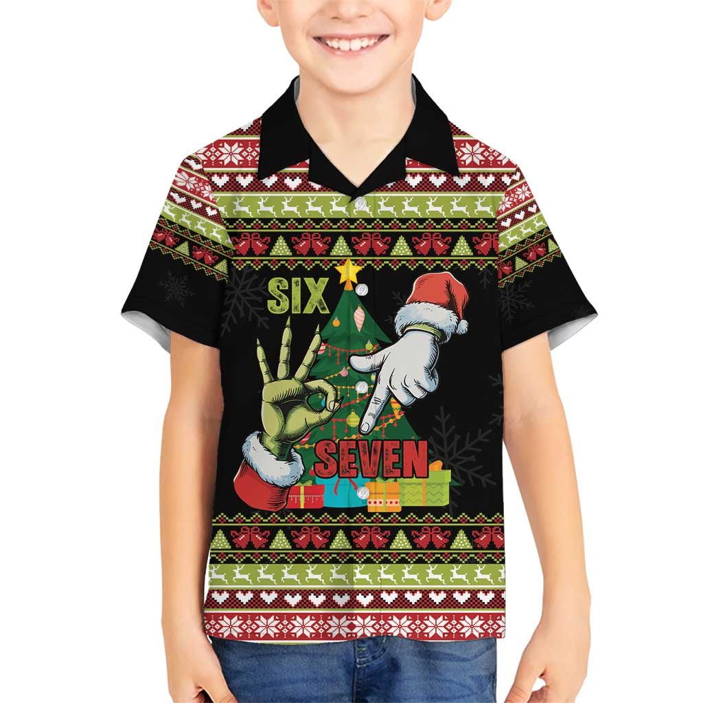 Six Seven Christmas Family Matching Long Sleeve Bodycon Dress and Hawaiian Shirt Funny Santa and Green Hands - Wonder Print Shop
