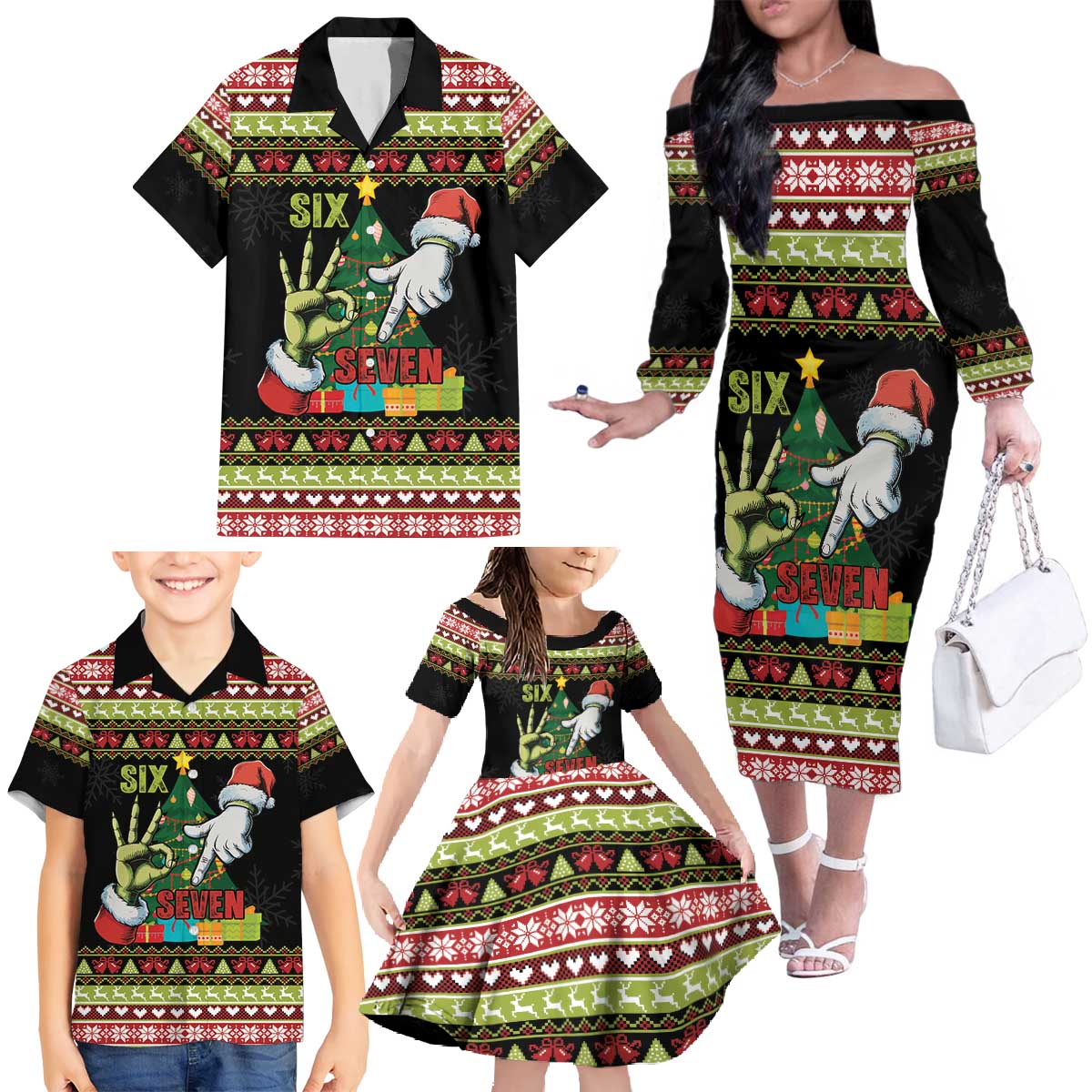 Six Seven Christmas Family Matching Off The Shoulder Long Sleeve Dress and Hawaiian Shirt Funny Santa and Green Hands - Wonder Print Shop