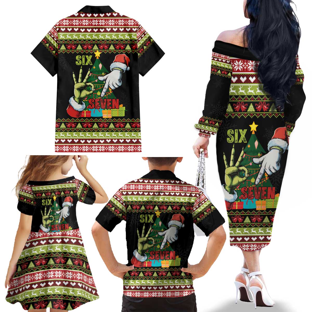 Six Seven Christmas Family Matching Off The Shoulder Long Sleeve Dress and Hawaiian Shirt Funny Santa and Green Hands - Wonder Print Shop