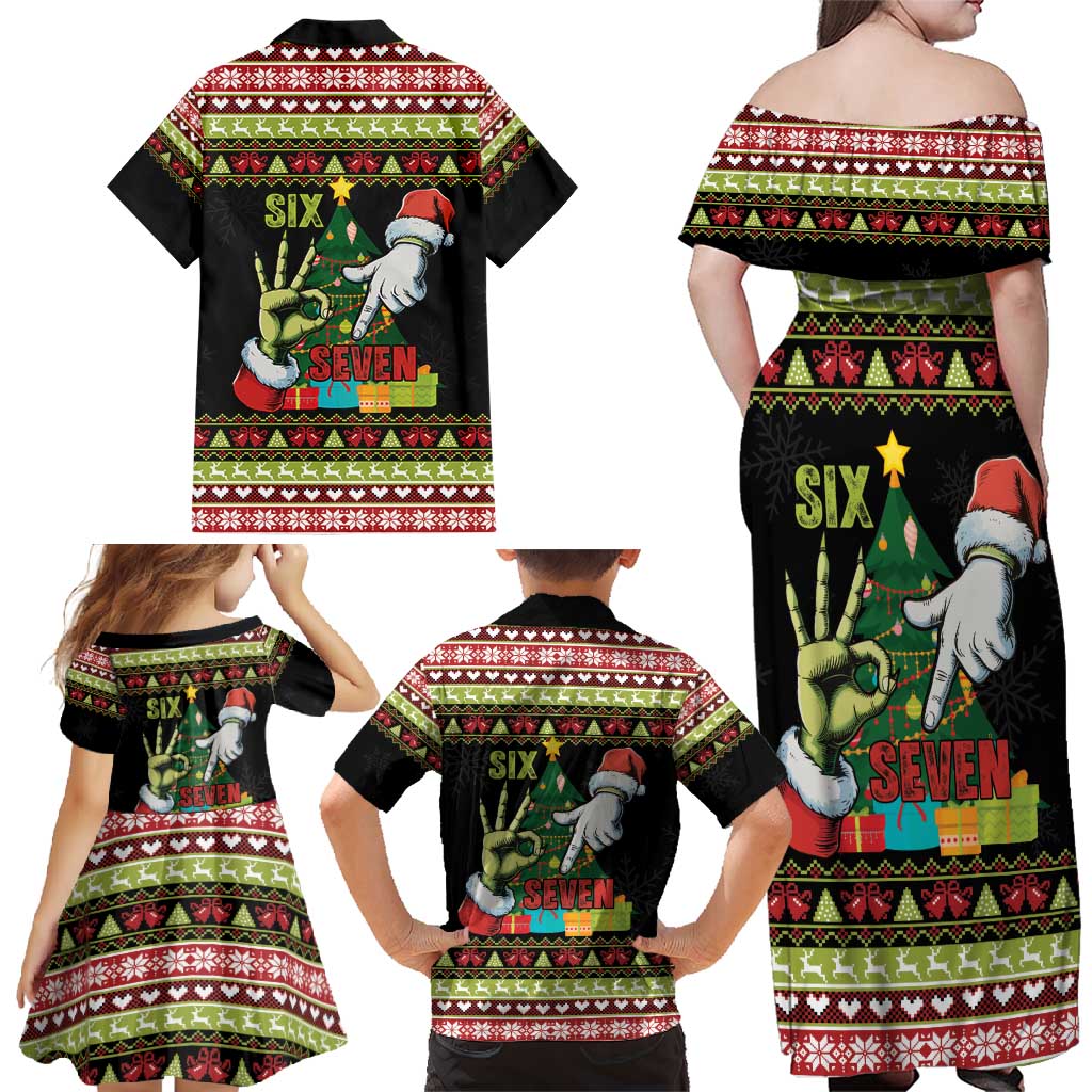 Six Seven Christmas Family Matching Off Shoulder Maxi Dress and Hawaiian Shirt Funny Santa and Green Hands - Wonder Print Shop
