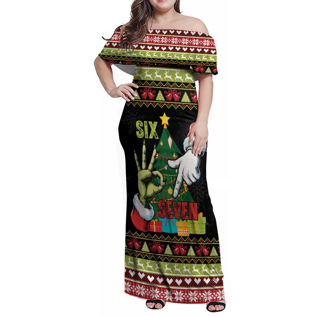 Six Seven Christmas Family Matching Off Shoulder Maxi Dress and Hawaiian Shirt Funny Santa and Green Hands - Wonder Print Shop