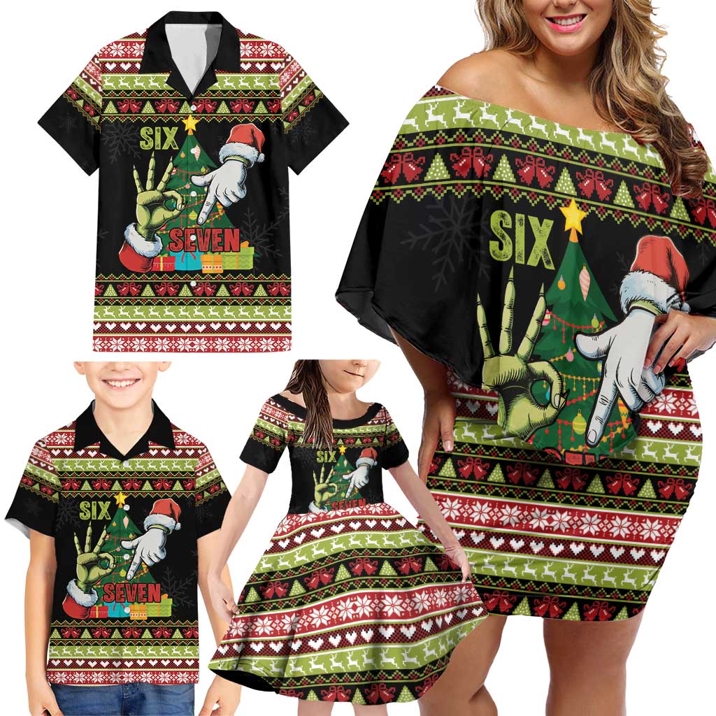 Six Seven Christmas Family Matching Off Shoulder Short Dress and Hawaiian Shirt Funny Santa and Green Hands - Wonder Print Shop