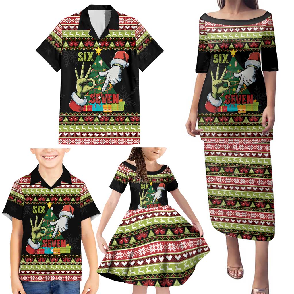 Six Seven Christmas Family Matching Puletasi and Hawaiian Shirt Funny Santa and Green Hands - Wonder Print Shop