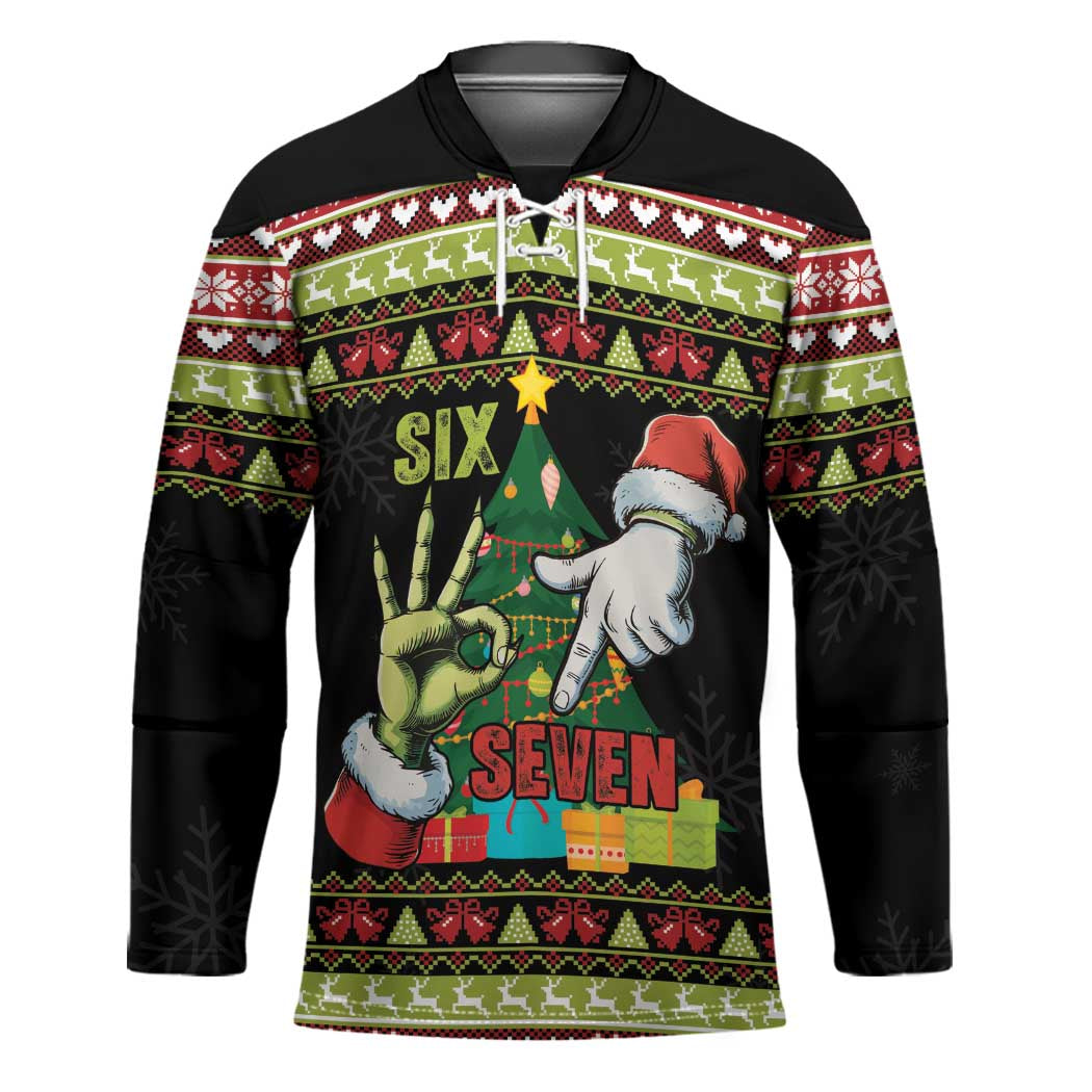 Six Seven Christmas Hockey Jersey Funny Santa and Green Hands - Wonder Print Shop