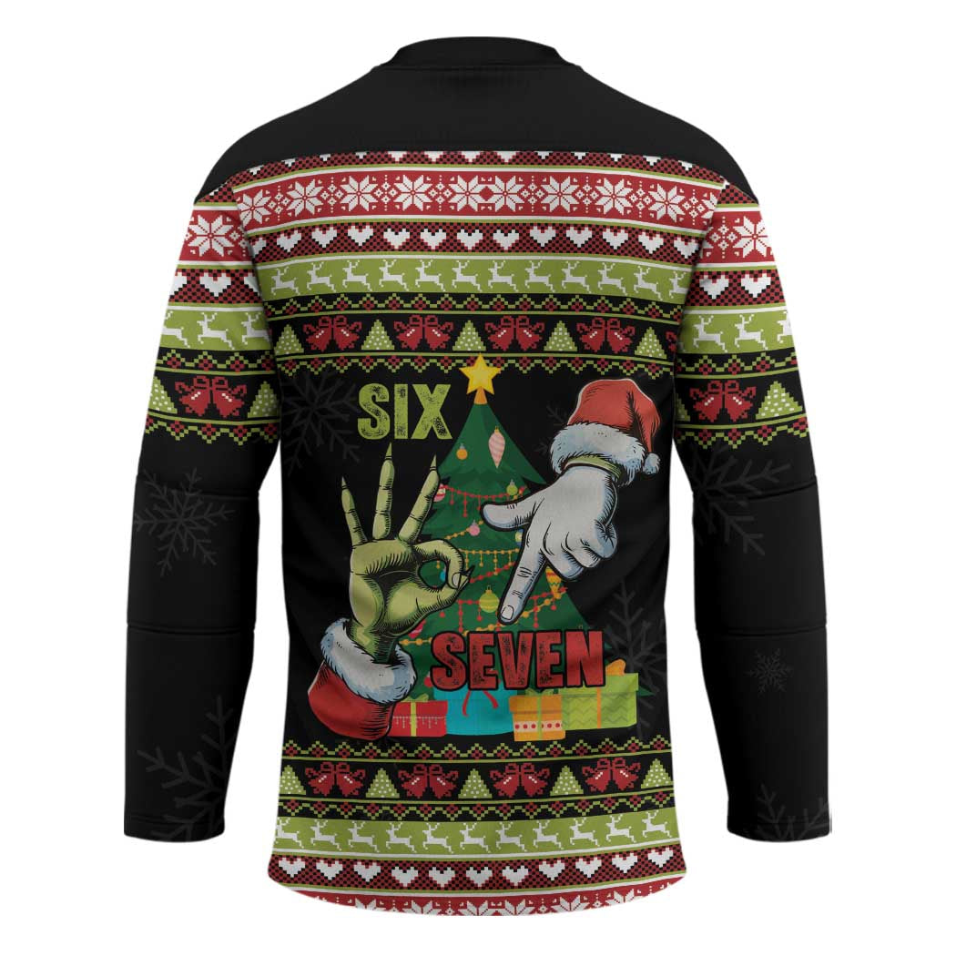Six Seven Christmas Hockey Jersey Funny Santa and Green Hands - Wonder Print Shop