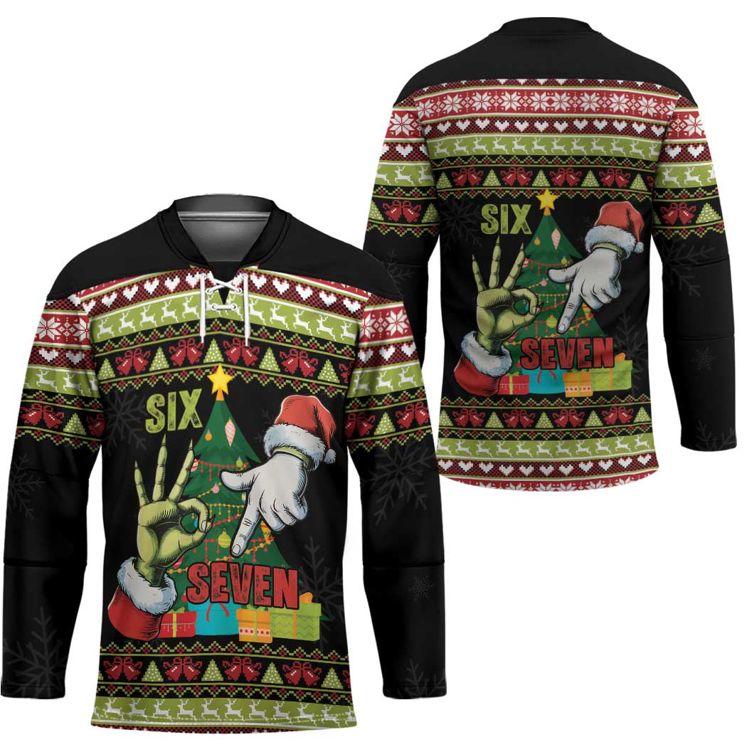 Six Seven Christmas Hockey Jersey Funny Santa and Green Hands - Wonder Print Shop